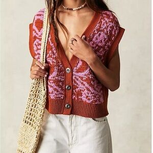 Free People copper and pink tapestry neck knit button down sweater vest size XS